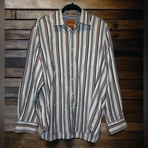 Tommy Bahama Mens Striped Cotton Shirt Sz M Flip Cuff Perfect Fall Colors! *Flaw